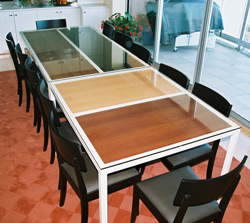 pk steel dining table wood top